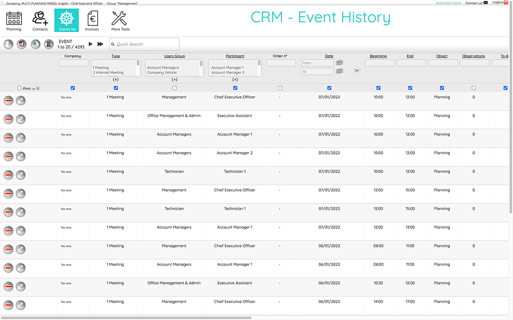 CRM view in multi-planning showing filtered entries