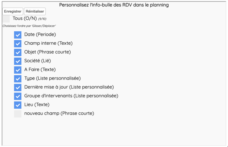 Sélection & glisser-déposer des champs affichés dans le planning