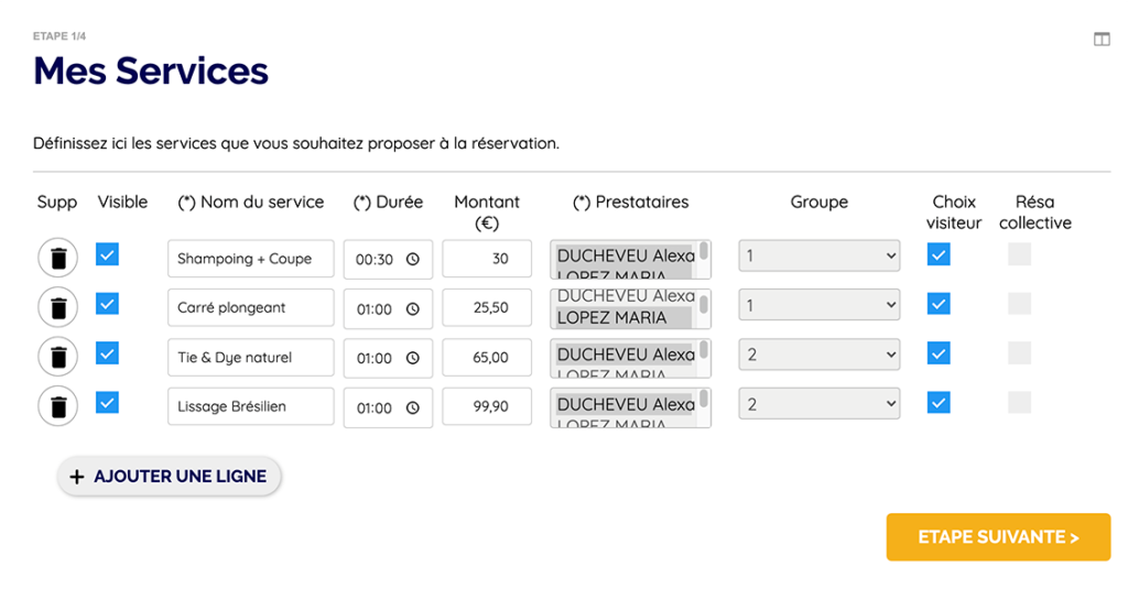 Écran de configuration de vos services ResaZen