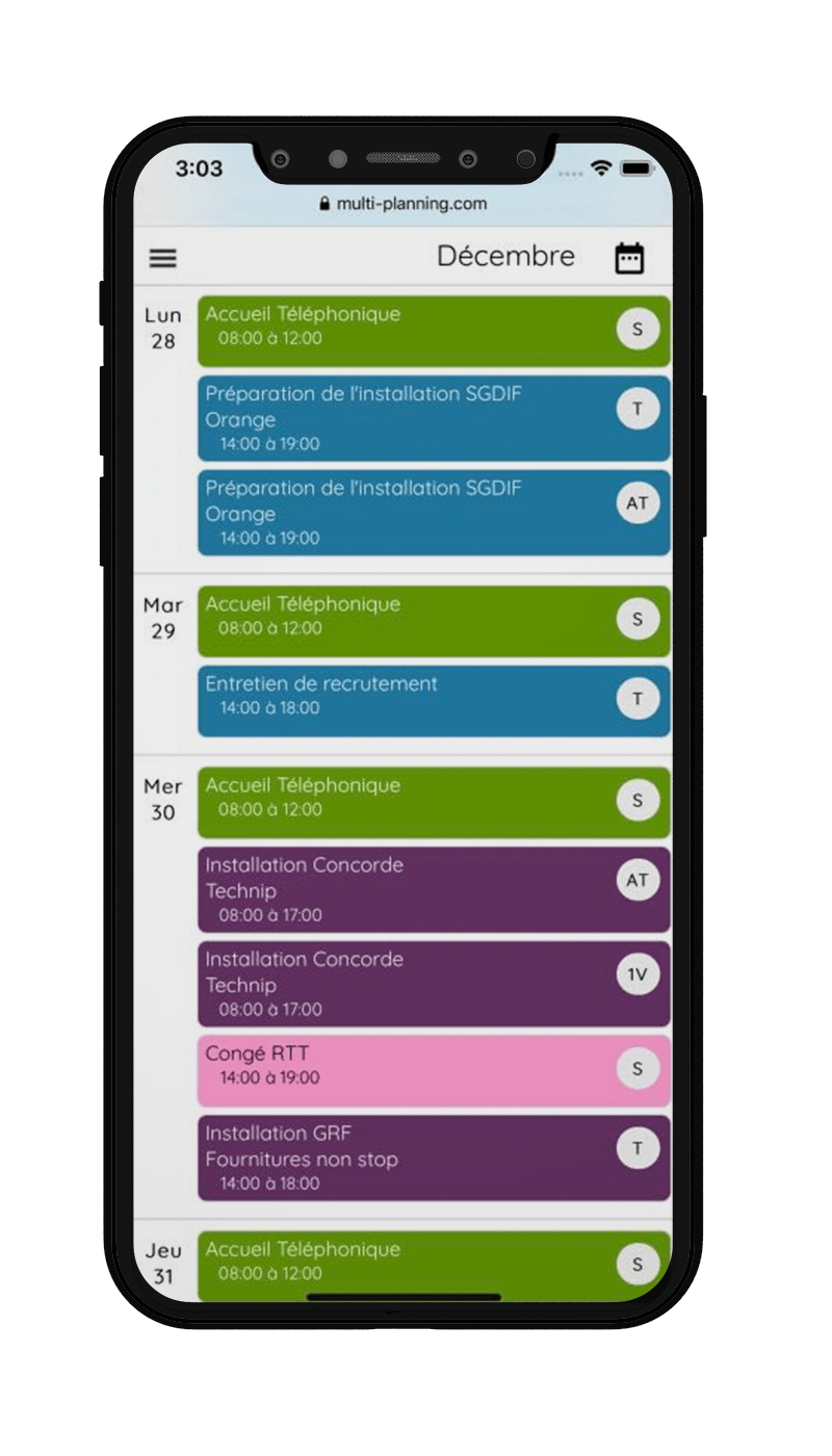 Agenda partagé Multi-Planning sur iPhone - vue mobile