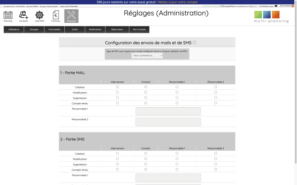 Écran de configuration des envois de mails & SMS