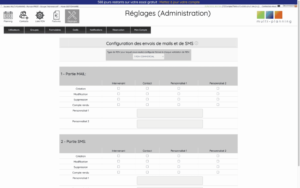 Écran de configuration des envois de mails & SMS