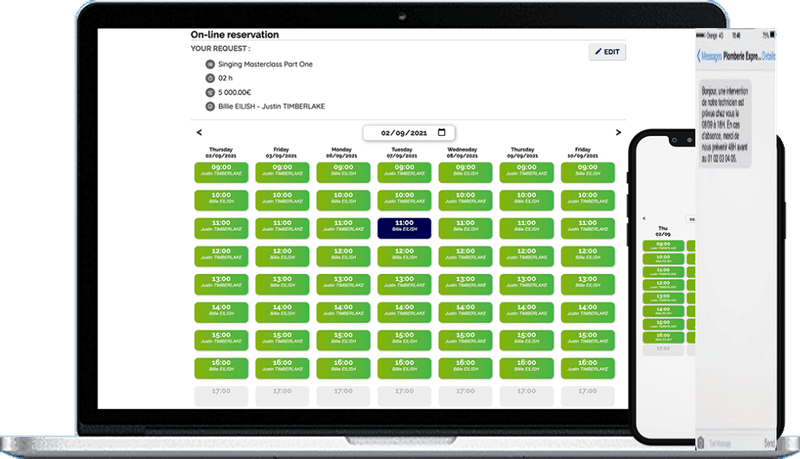 Planning en ligne avec rappel SMS sur mobile