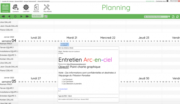 Aperçu d'un rendez-vous haut en couleurs sur multi-planning